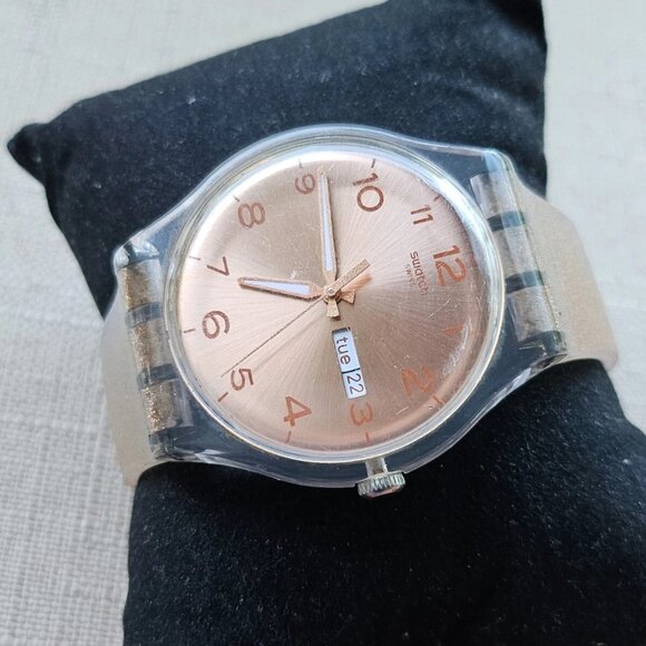 Swatch Pink Glistar SUOK703 Watch 40mm Silicone Rose Gold Tone Glitter - Picture 2 of 13
